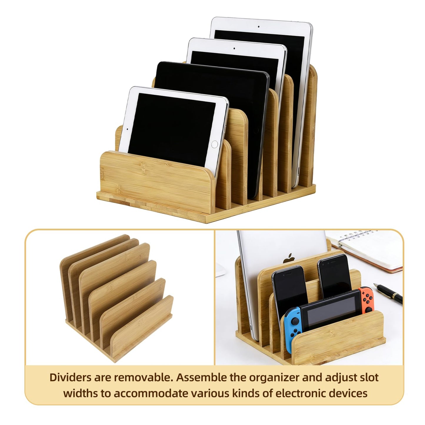 Device Organizer Holder, 5 Slots Bamboo Stand for Organizing Electronic Devices, Organize Tablets, Smartphones, Laptops, and Game Consoles, Slot Width are Adjustable, Also Organize Mails and Files