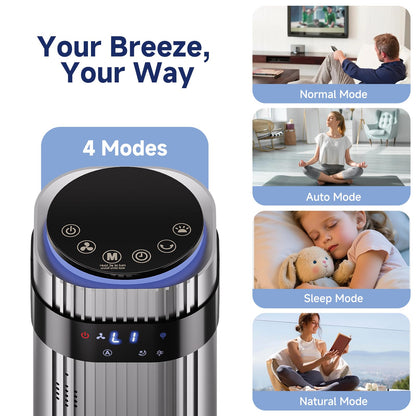 OLIXIS Tower Fan for Bedroom, Floor Standing Fan with Remote, 12H Timer, 5 Speeds, 4 Modes, LED Display, Portable Bladeless Oscillating Cooling Fan for Indoor, Home, Office