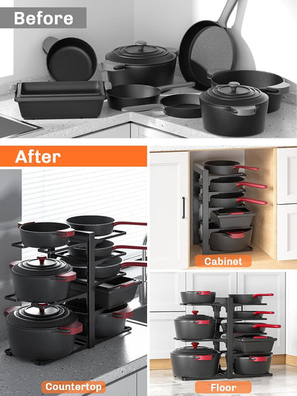 MUDEELA 8-Tier Pots and Pans Organizer under Cabinet, 15.83" Height Heavy Duty Pot and Pan Organizer Kitchen Cabinet Organization and Storage, Adjustable Pot Rack for Frying Pan, Cast Iron Skillet