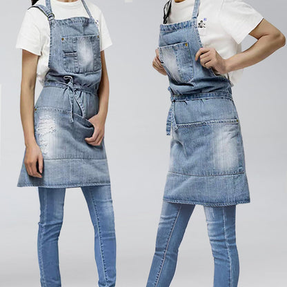 Jowcud Denim Apron With 5 Pockets for Cooking Kitchens,Hairstylist Aprons for Women Men,Adjustable Bib Jean Apron for Arts Gardening Cafes Bars Work