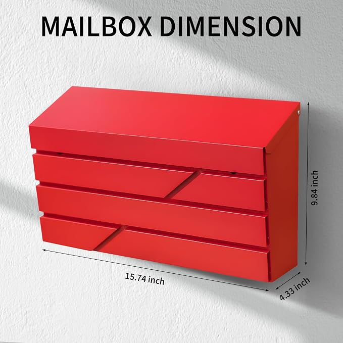 Wall Mount Mailbox for House Outside, Large Capacity Mailbox Drop Box, Galvanized Steel and Rust-Proof Metal Post Box, 15.74"x9.84"x4.33", Red