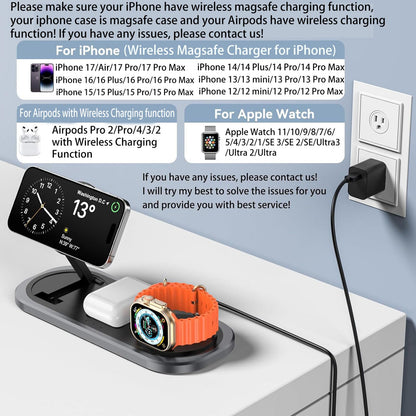 3 in 1 Fast Wireless Charger Stand for iPhone, Foldable Travel Charging Station for Magsafe for iPhone 17/Air/16/15/14/13/12 Series, Apple Watch Serie, AirPods pro/2/3/4, 2025 Christ mas Gifts (Black)
