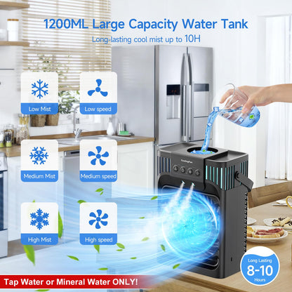 Serantzon Portable Air Conditioners, 4-in-1 Evaporative Air Cooler with Remote Control, Cooling Fan with 3 Modes, 3 Speeds & 7 LED Lights, 2-8H Timer, 1200ML Personal Mini AC Unit for Home, Bedroom