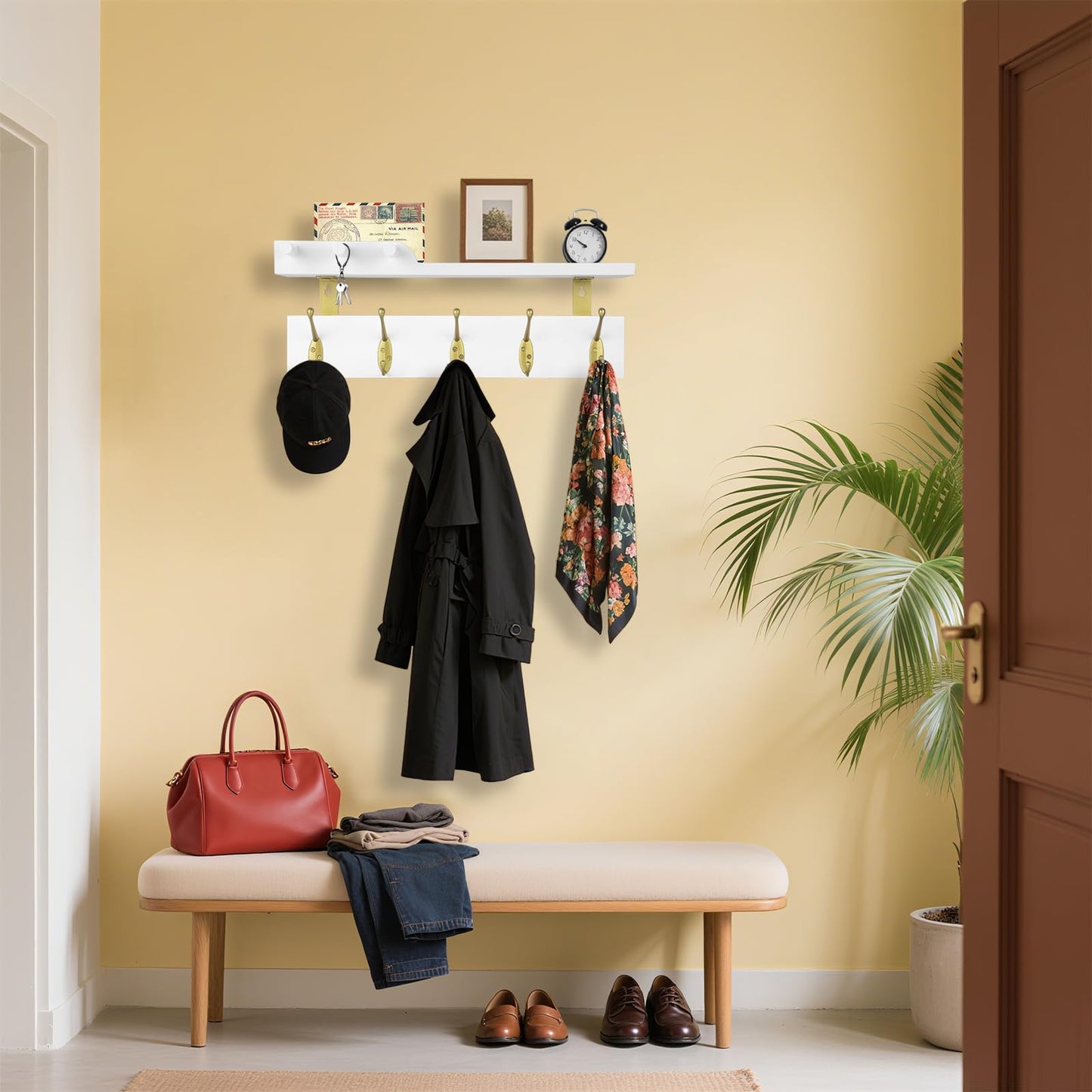 Lampaggio Wall Mounted Coat Rack with Shelf, 5 Gold Double Hooks, 3 Pegs, 16.5 inches White Wood Floating Shelf for Entryway, Bathroom, Bedroom
