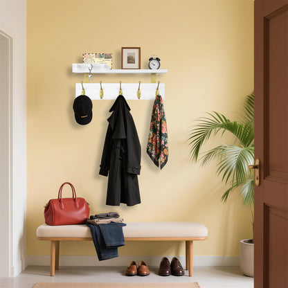 Lampaggio Wall Mounted Coat Rack with Shelf, 5 Gold Double Hooks, 3 Pegs, 16.5 inches White Wood Floating Shelf for Entryway, Bathroom, Bedroom