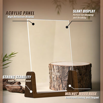 Walnut Wood U-Base 5"x7"Sign Holder Set – Premium U-Shaped Tabletop Display Stand with Clear Acrylic Panels,4Pack (3 Vertical + 1 Horizontal)5*7inches – Ideal for Photo, Menu, QR Code, Café, Home Décor