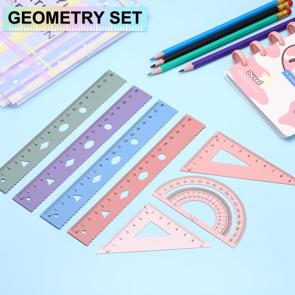 PATIKIL Geometry Set, 2 Pack 8 Inch Aluminum Ruler & 4 Triangles, Metal Protractor Ruler Math Drafting Measuring Tool for Home Office Math Drawing Engineering Art,Gradient Blue