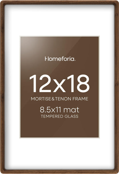 Homeforia 12 x 18 Picture Frames Brown Wood, Mortise & Tenon Walnut 12x18 Photo Frame with Mat 8.5x11 for Wall, 12by18 Dark Wooden Frame Matted to 8.5 x 11 inch Art, Tempered Glass, Wall Kit, Set of 1