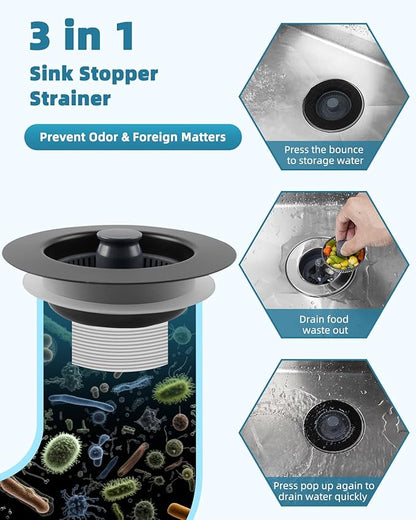 Universal 3 in 1 Kitchen Sink Drain Strainer Stopper Combo, Anti-Clog and Easy