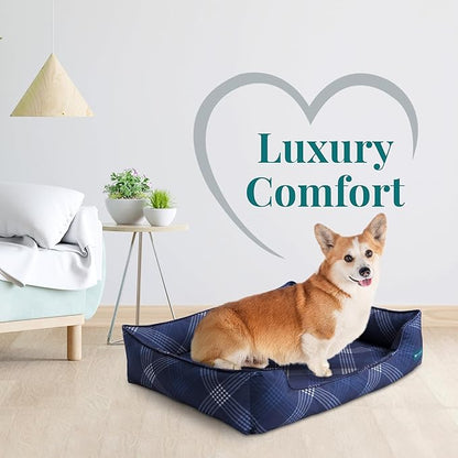 Orthopedic Bolster Dog Bed – CertiPUR-US Foam, Recycled Polyester Canvas, Washable Cover, Anti-Slip Bottom, Small, Navy Plaid – Stylish Designer Dog Sofa