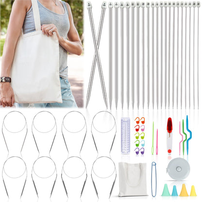 Katech Knitting Needles Set for Beginners, 9 Pairs Circular Knitting Needles Set and 22 Pcs Single Pointed Knitting Needle Set with Tote Bag Knitting Accessories Knit Supplies
