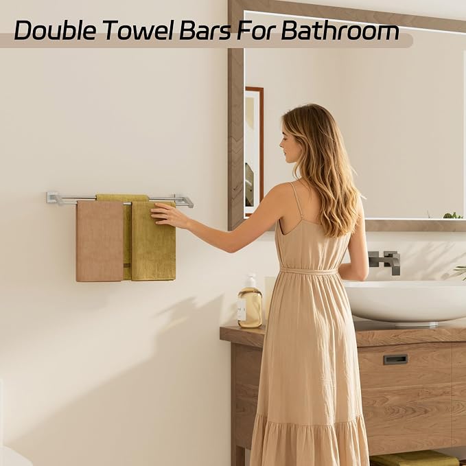 Alise Double Towel Bar, 24 Inch Towel Rack for Bathroom Wall Mounted, SUS304 Stainless Steel Bathroom Towel Holder Joining Process Towel Rail for Bathroom, Brushed Nickel
