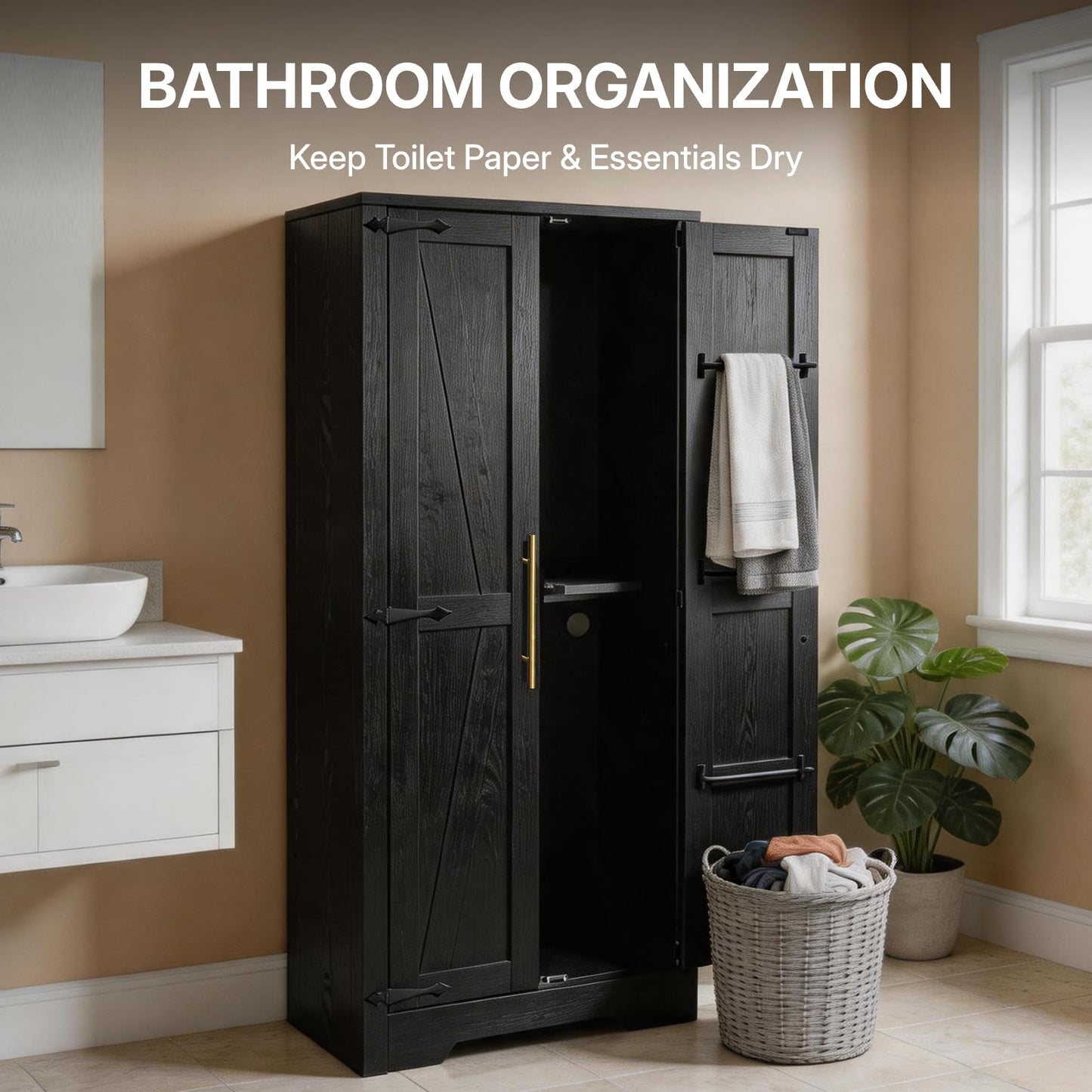 NORTHSKY 55" Wooden Broom Closet, Tall Storage Cabinet for Vacuum Cleaner&Mops, Compatible with Dyson, Utility Cabinet w/4 Shelves&Hanging Rod, Freestanding Organizer for Laundry,Garage,Home,Office