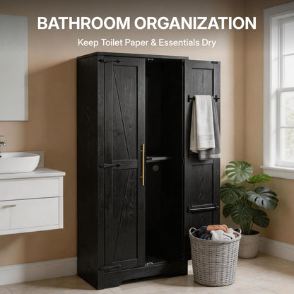 NORTHSKY 55" Wooden Broom Closet, Tall Storage Cabinet for Vacuum Cleaner&Mops, Compatible with Dyson, Utility Cabinet w/4 Shelves&Hanging Rod, Freestanding Organizer for Laundry,Garage,Home,Office