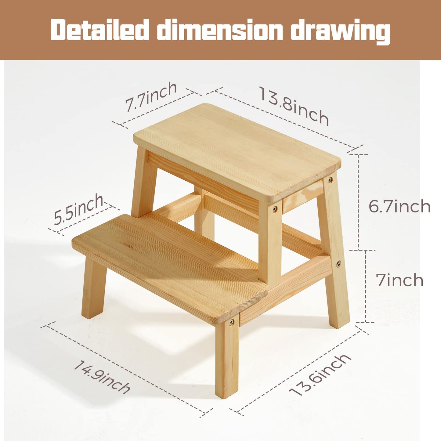 HOUCHICS Wooden Step Stool for Adults Kids, Solid Wood Bed Step Stool, Multi-Purpose 2-Step Stool for Kitchen, Bed, Bathroom with 260lb Load Capacity