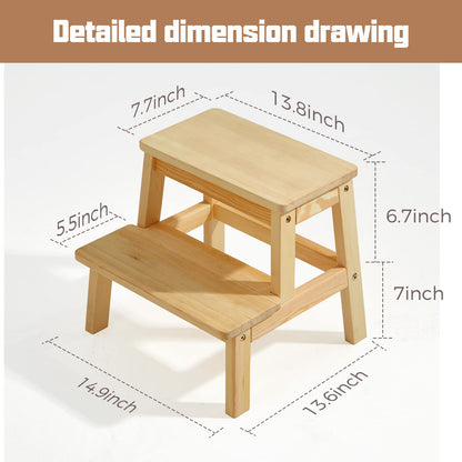 HOUCHICS Wooden Step Stool for Adults Kids, Solid Wood Bed Step Stool, Multi-Purpose 2-Step Stool for Kitchen, Bed, Bathroom with 260lb Load Capacity