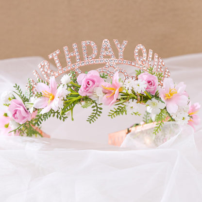 PartyforU Pink Birthday Queen Crown - Happy Birthday Tiara with Flowers and Sash Set for Party Photo Shoot Gift for Friend Mom