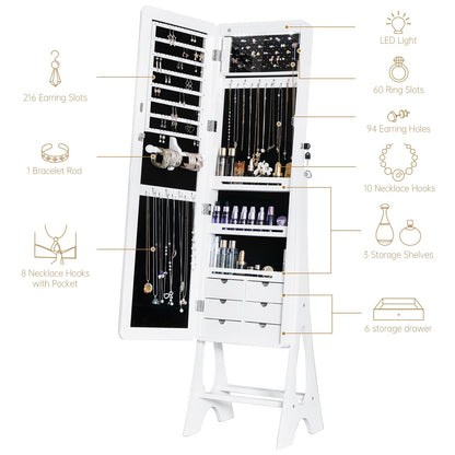 MASMIRE Mirror Jewelry Cabinet Standing, Full Length Mirror Jewelry Armoire Jewelry Organizer Lockable Jewelry Storage for Women Girl Full-Length Frameless LED Lights 6 Drawers Lockable White