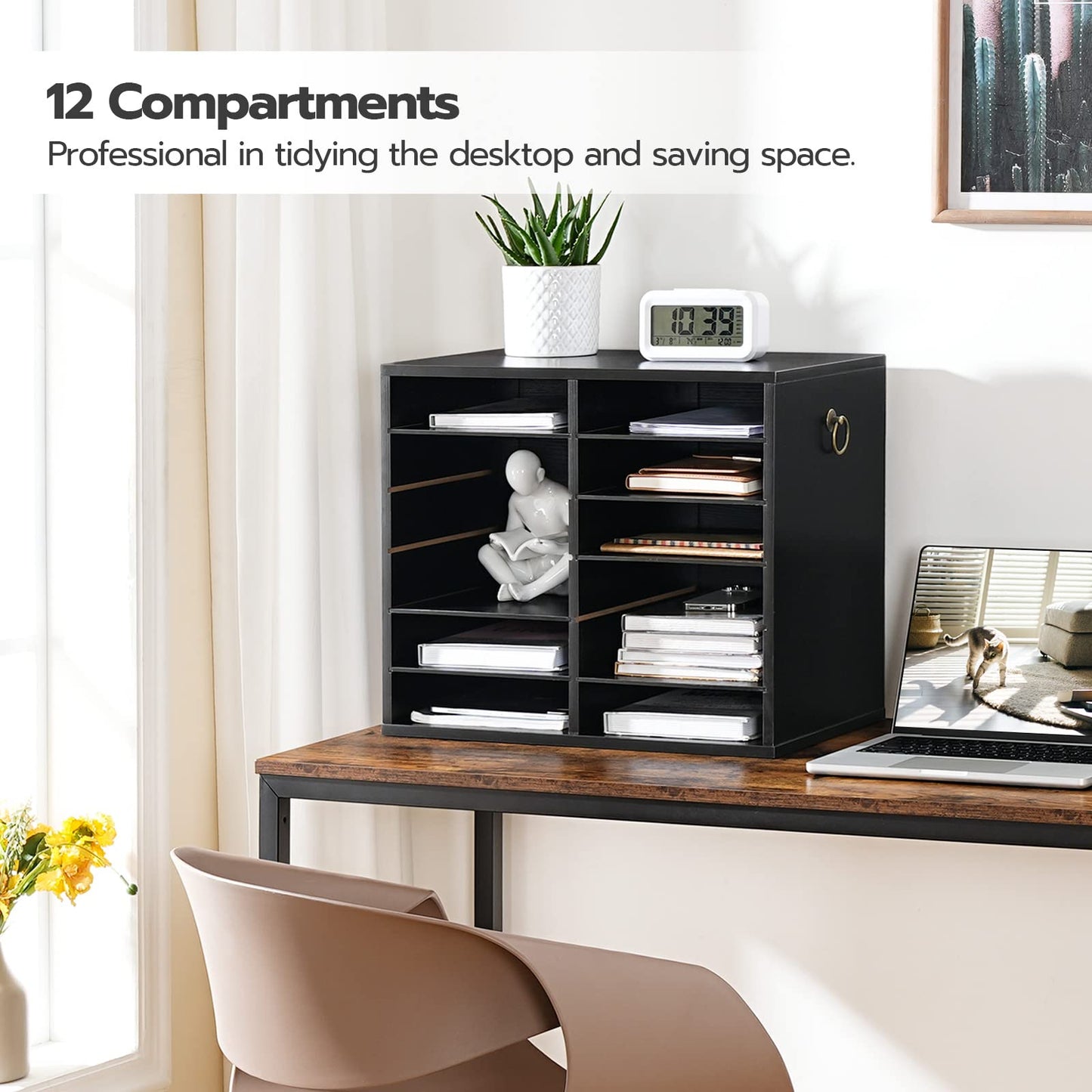 HOOBRO Literature Organizer and Bookshelf Bundle, 12 Compartments Office Mailbox with Adjustable Shelves, 5-Tier Industrial Bookcase for Home, Office, Black BK12WF01-BB73SJ01