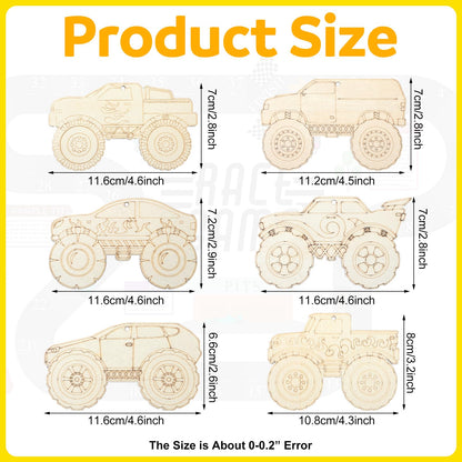 Simgoing 36 Pcs Wooden Cars to Paint Unfinished Wood Monster Truck Cutouts Crafts Hanging Ornaments DIY Blank Wood Crafts for Home Birthday Craft Supplies & Party Decorations