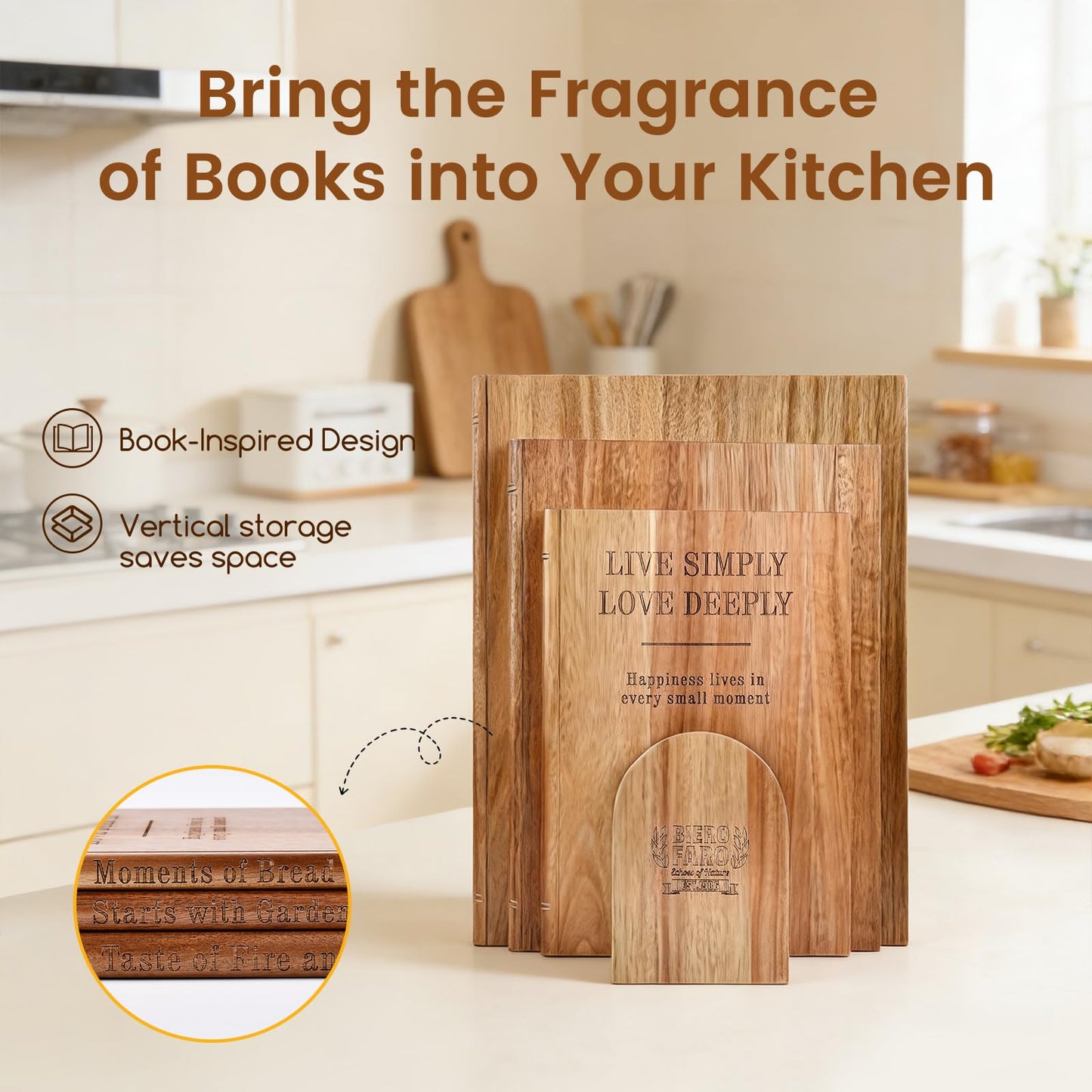 Book cutting board Set of 3, Acacia Wood Chopping Board with Stand, Charcuterie Kitchen Boards with Book‑Style Design for Cheese, Meat and Vegetables
