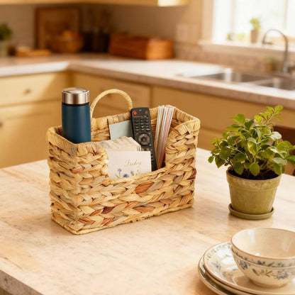VANEME Hanging Magazine Basket, Woven Wall Magazine Holder Organizer with Handle for Mail, Files, Books - Water Hyacinth Farmhouse Storage Rack for Bathroom, Kitchen, Office