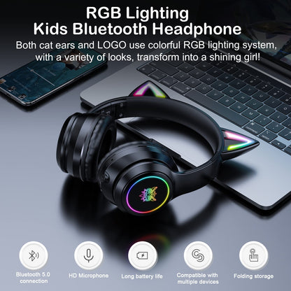 Bluetooth Cat Ear Headphones for Kids & Adults, Wireless & Wired Mode Foldable Headset with Mic - Clear Sound Quality - RGB LED Light, for Girls School Gaming, for Phone/Laptop/PC/Tablet, Black