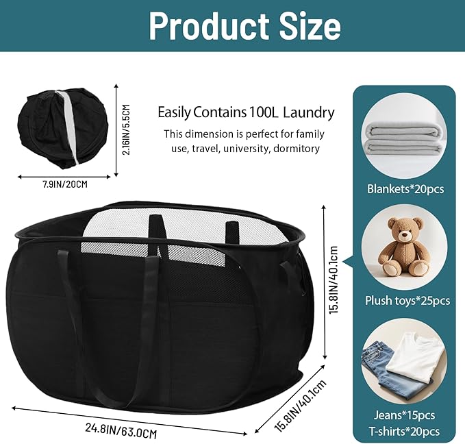 100L Collapsible Laundry Baskets, Tear Proof Pop Up Laundry Hamper