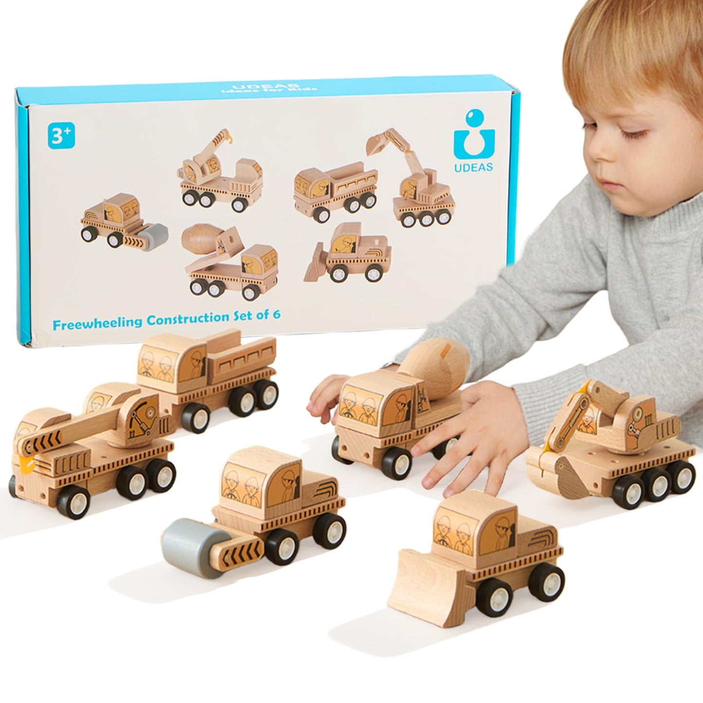 Udeas 6-Piece Wooden Construction Vehicle Toys Set with Bulldozer, Excavator, Crane, Dump Truck – Montessori Toddler Toys Ages 2-4, All-Natural Safe Push & Go Gift for Boys & Girls