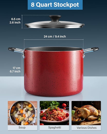 Cook N Home Professional 8 Quart Non Stick Stock Pot with Lid, Riveted Handles, Big Soup Pot for Holiday Feasts, Stockpot with Even Heating, Induction Cookware, Oven & Dishwasher Safe, Marble Red