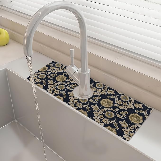 15" X 5.5" Kitchen Sink Splash Guard Faucet Mat Floral Flower Super Absorbent