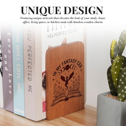 Fantasy Bookends, Dragon Bookends, Heavy Duty Wooden Book Ends for Shelves Decorative(1 Pair, 4.72x6.69 Inches) - Era