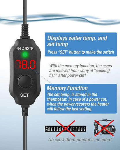 AquaMiracle Aquarium Heater 25W Fish Tank Heater for 3-5 Gal Tanks, LED Digital Display Thermostat Turtle Heater with Out-of-Water Auto Shut-Off, Overheat Protection & Memory Function