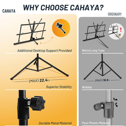 CAHAYA Portable Sheet Music Stand: Dual Use Desktop Book Holder Folding Lightweight Extra Stable Reinforced with Carrying Bag and Clip for Students Musicians Height Adjustable up to 54.3" CMS0204