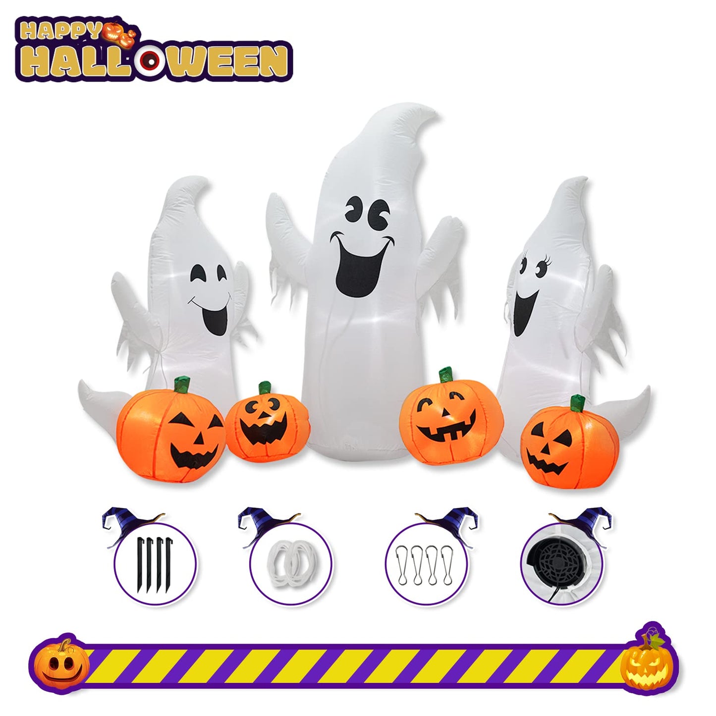 inslife 7FT Length Halloween Inflatable Ghosts and Pumpkins, 3 Ghosts Inflatables with Led Lights for Home Yard Lawn Indoor Halloween Outdoor Decoration