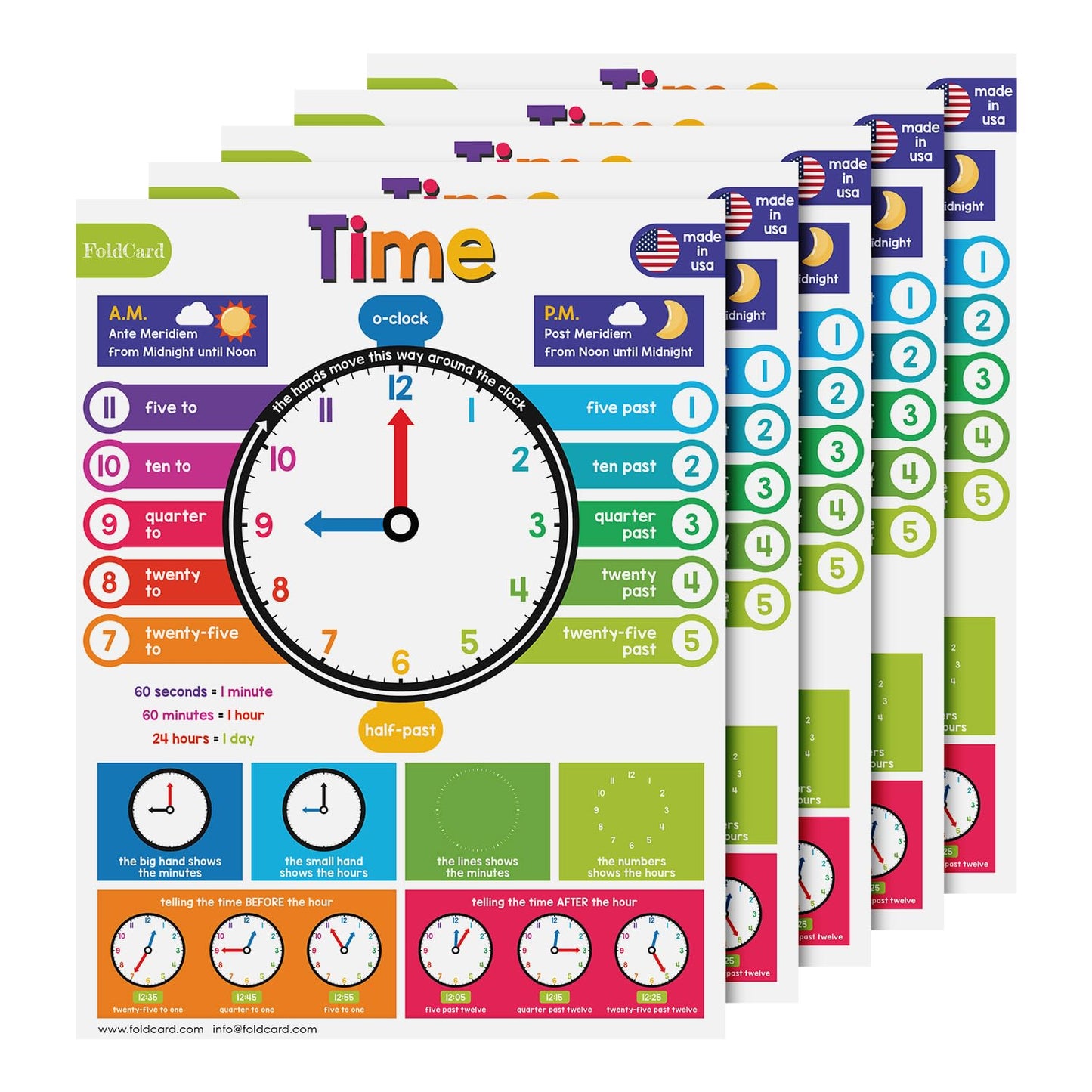 Time Chart for Preschool to Grade 1 Kids – Learn How to Tell the Time – Colorful Educational Visual/Learning Aid Poster for Classroom or Home | Glossy Durable Cardstock | 8.5" x 11" | 5 per Pack