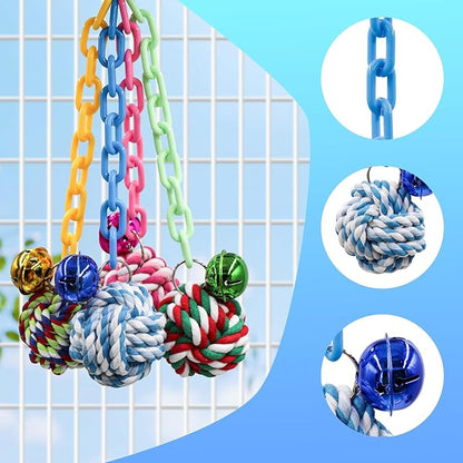 4-Pack Colorful Bird Chew Toys – Cotton Rope Balls with Chains & Bells for Small/Medium Parrots | Shredding & Play Enrichment for Budgies, Cockatiels, Lovebirds, Conures