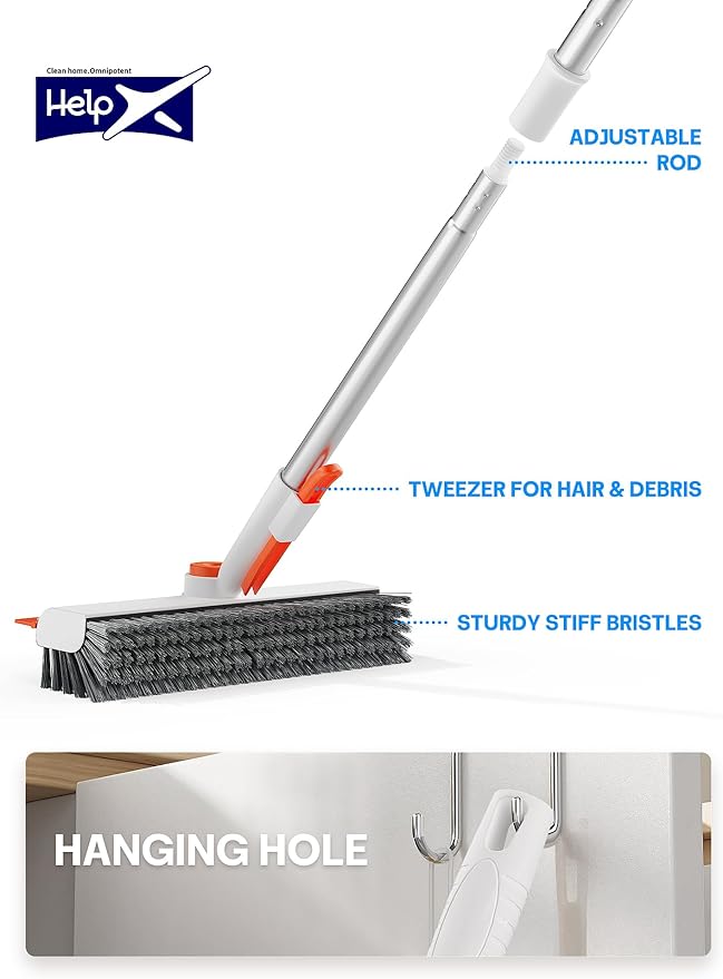 Floor Scrub Brush with Long Handle, 3 in 1 Scrape and Heavy-Duty Stiff Bristle