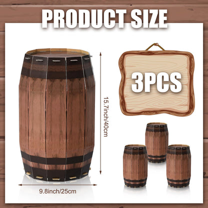 3 Pcs Western Cowboy Party Decoration Wine Barrel Large Cardboard West Whiskey Barrels Decoration for Western Pirate Birthday Farmhouse Party Photo Booth Props(15.75 x 9.84 Inches)