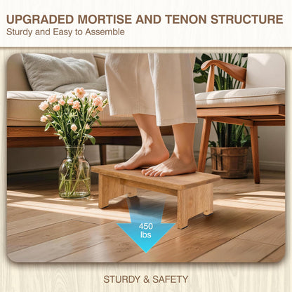 NtrlQidu Solid Wood Stool Wooden Step Stools for Adults Kids with Anti-Slip Feet, Heavy Duty Stepping Stools with 450-LBS Capacity for Bedroom Kitchen Bathroom, Bed Steps for High Beds