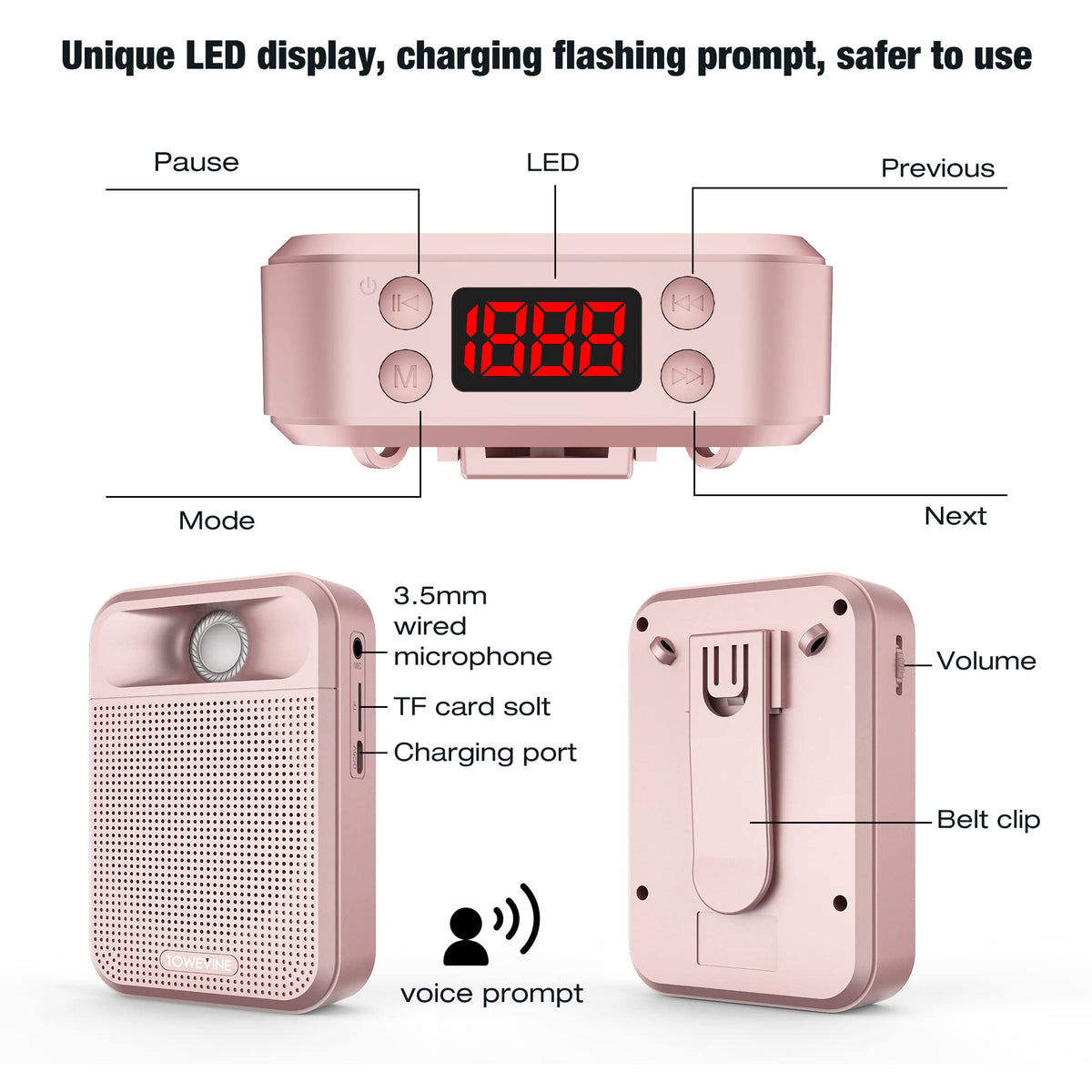 Voice Amplifier, Towevine Rechargeable Microphone for Teachers, Portable Speaker with Headset and Waistband for Classroom, Singing, Coach, Training, Presentation, Tour Guide (Pink)