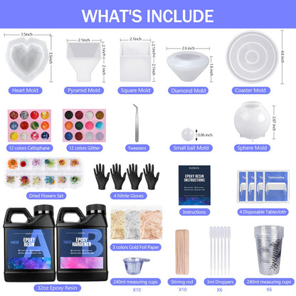 KISREL Epoxy Resin Kit for Beginners, Resin Kit with Molds, 32OZ Epoxy Kit wiht Dried Flowers, Measuring Cups and Resins Supplies