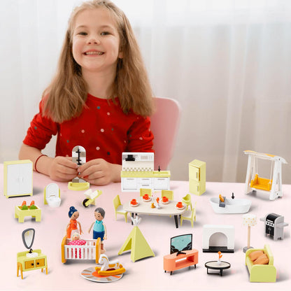 Giant bean 85pcs Wooden Plastic Dollhouse Furniture Set for 6 Rooms, Modern Dollhouse Accessories Pretend Play Furniture Toys for Boys Girls Toddlers & Kids 3 4 5 6 7 Years and up