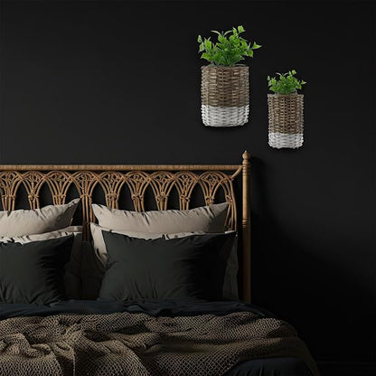 AuldHome Design Wall Hanging Baskets; Woven WIcker Rustic Farmhouse Two-Tone