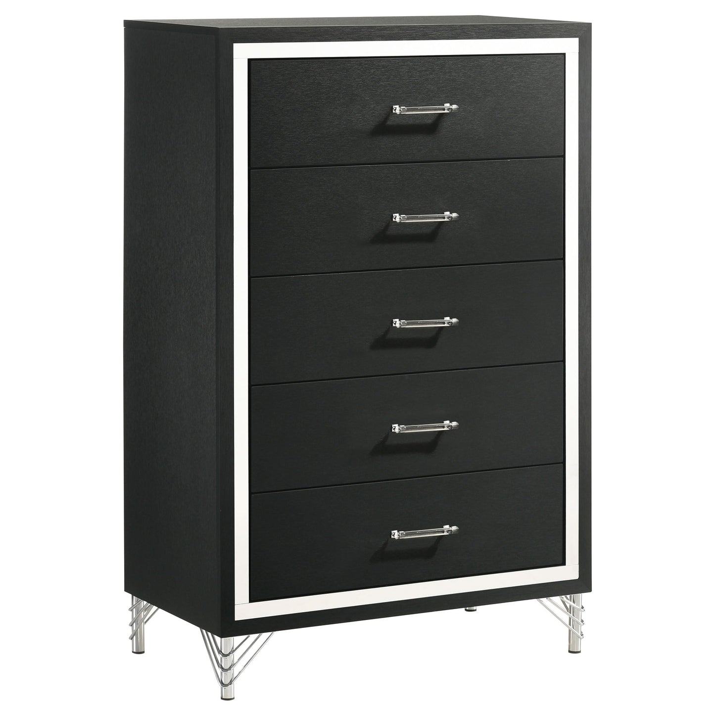 Coaster Home Furnishings - Lucia - Wood & Metal - 5-Drawer Chest with Chrome Trim, Hairpin Legs and Bar Pulls - Modern Classic - Bedroom - Black - 224995