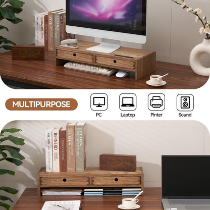 KIRIGEN Wood Monitor Stand with 2 Drawers, Solid Wood Computer Monitor Riser for Desk, Desktop Organizer Shelf with Cable Management, Pen Slots, Brown, No Assembly PMJ-DBR