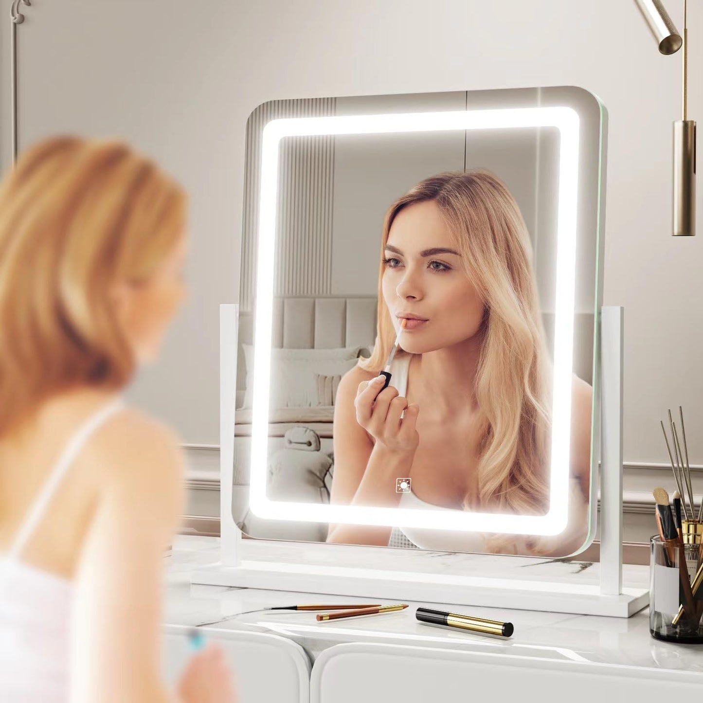 Makeup Vanity Mirror with Lights 15.2" Large LED Lighted Mirror, Hollywood Make Up Mirror with Lighting for Bedroom Tabletop, Smart Touch,Detachable 10X Magnification 360° Rotation, (White)