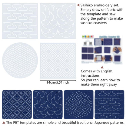 WEBEEDY 4 Sets Sashiko Starter Coaster Kit for Beginners, Japanese DIY Tea Mat Sewing Kit with Sashiko PET Templates, Needles, Thread for Table Cup Mat Embroidery Christmas Craft Decor Gift