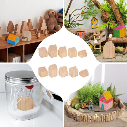 NBEADS 10 Pcs Unfinished Wooden House Shaped Blocks, Large Wood Blocks for Crafts Blank Wooden Cubes for Paint Wooden Blocks for Decoration and Christmas DIY Crafts, Burlywood