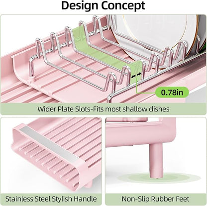 TOOLF Small Dish Drying Rack, Mini Expandable Compact Dish Rack, Slim Extendable Stainless Steel Dish Drainer for Kitchen Plate Storage, Space Saving Dish Strainer in Sink or on Home Countertop, Pink